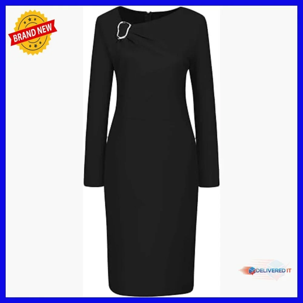 Long Sleeve Bodycon Pencil Dress Asymmetrical Neck Work Cocktail